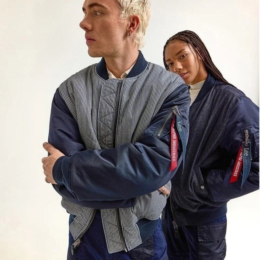 NWT Alpha Industries x Lee Reversible Bomber Jacket Denim Hickory Stripe Size M